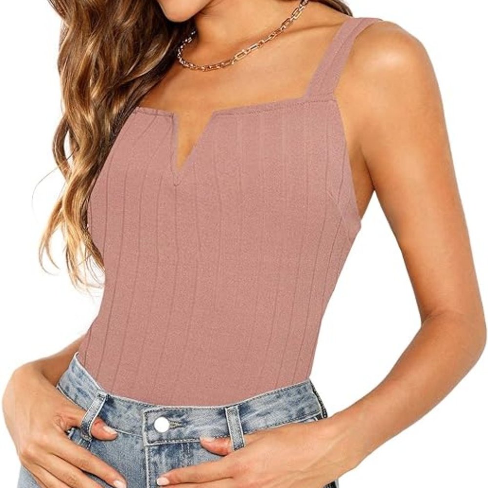 Women's V Notch Sleeveless Ribbed Knit Basic Cami Top